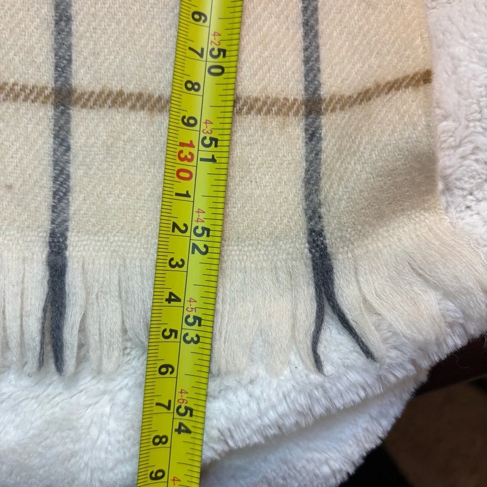 Vintage Liz Claiborne Scarf 100% Wool Cream Beige and Gray Plaid Fringe